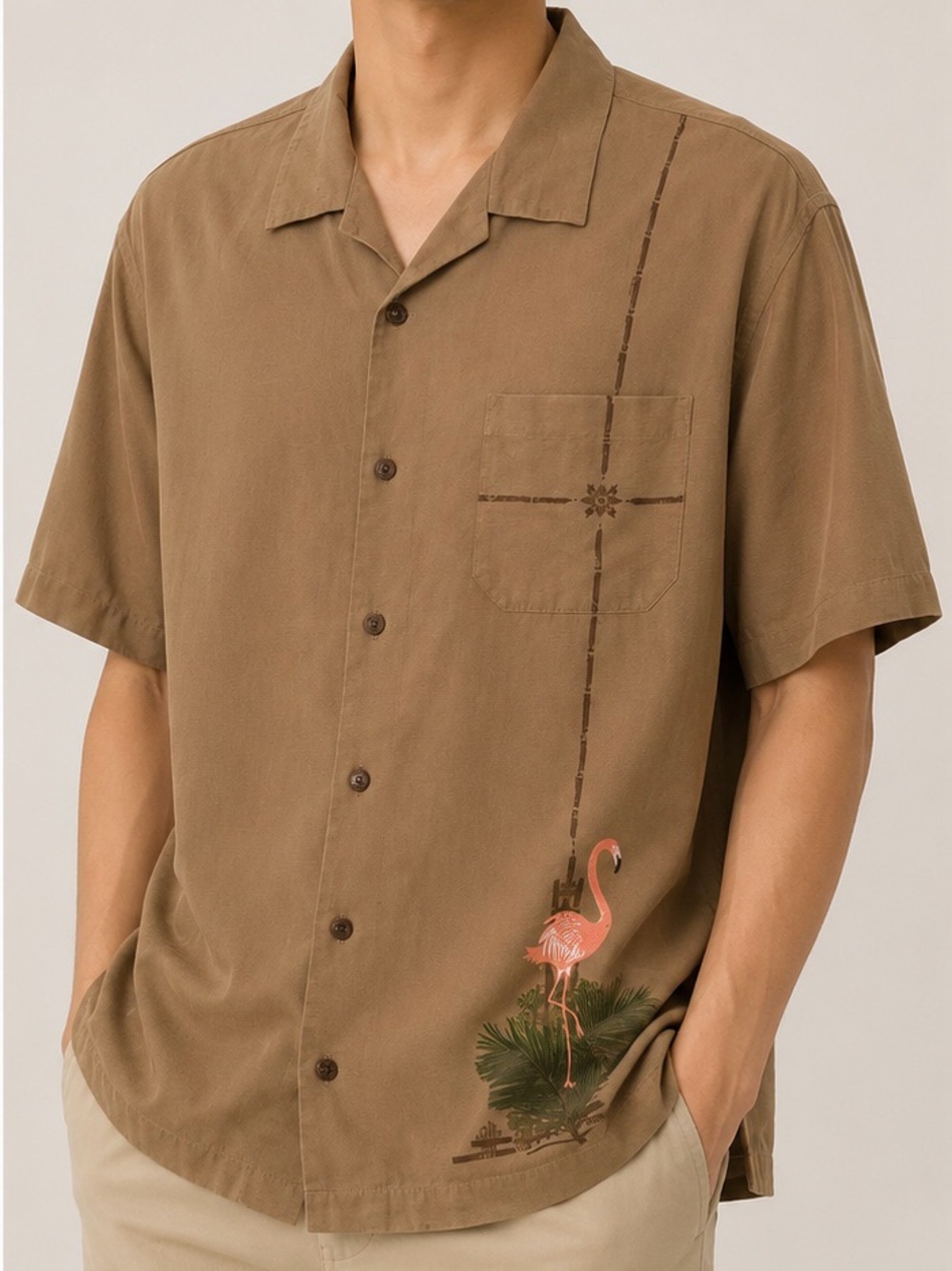 Tommy Bahama Brown Short-Sleeve Camp Shirt with Pink Flamingo